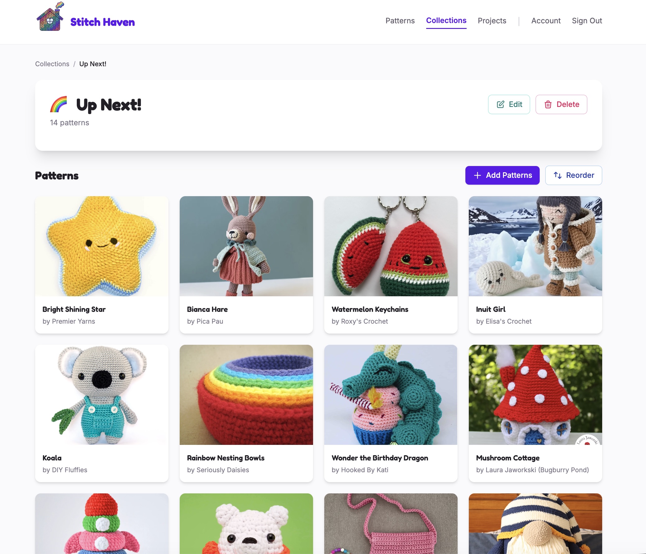 Stitch Haven pattern collection page showing organized crochet patterns