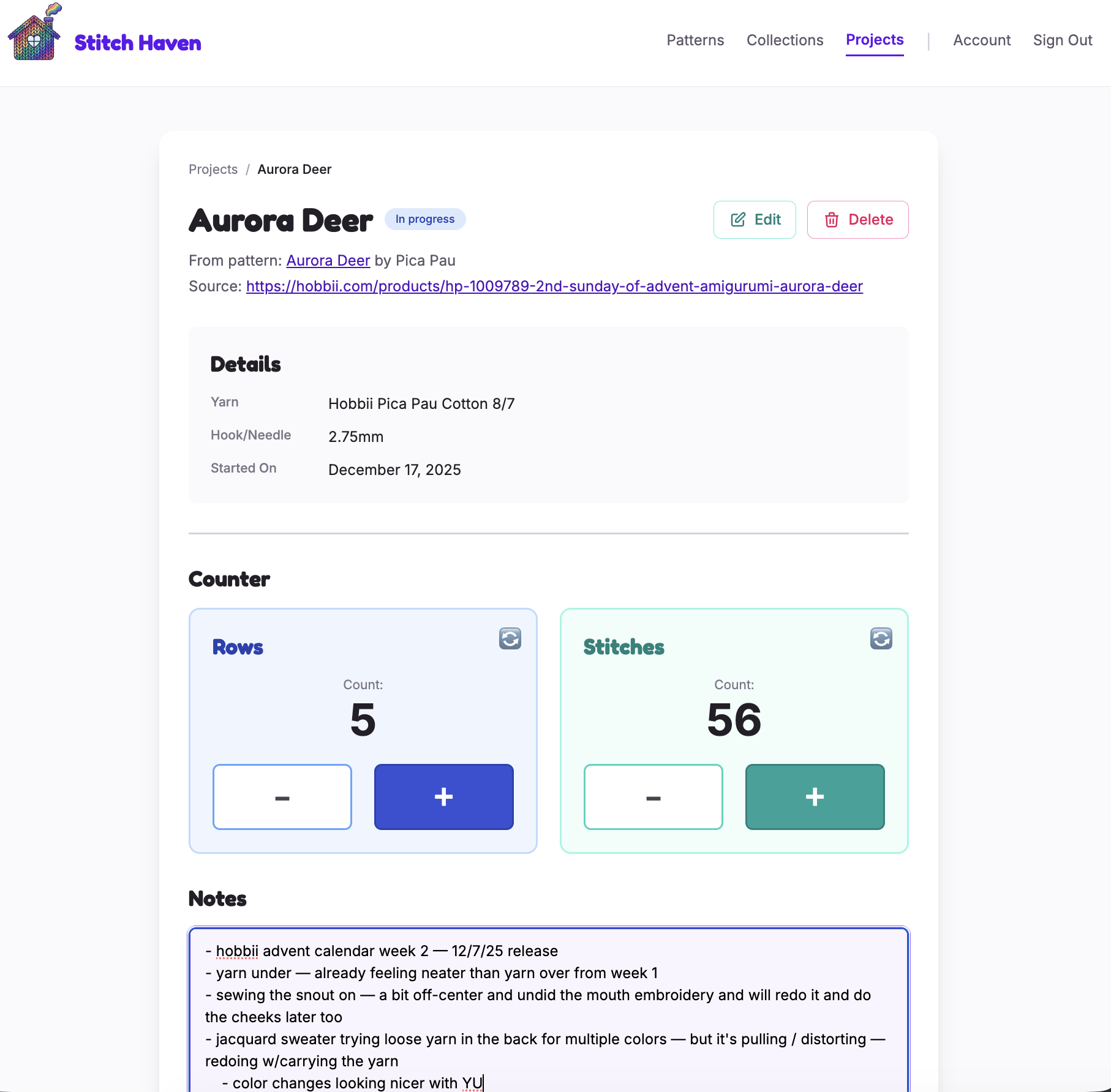 Stitch Haven project tracker with row counter and stitch counter for crochet